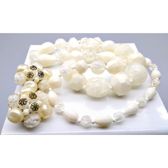 Vintage Classy White Beaded Parure, West Germany Double Strand Necklace - Picture 4 of 5